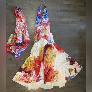 Jovani 100% Silk Multicolour Prom Halter Dress w/ Scarf Size 2